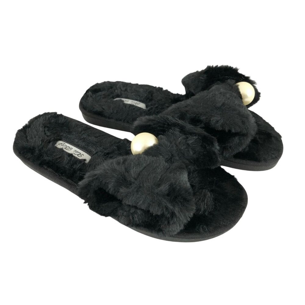 Womens Slippers Slides Faux Fur Pearl Black Slip On Size 36/37 US 5/6